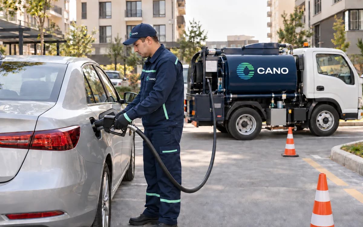 An operator refuelling a private car in a residential courtyard